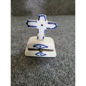 Cross Trinket Hinged Box White Ceramic With Blue Trim